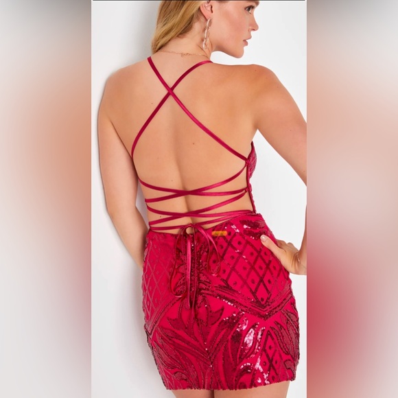 Lulus Red Sequin Mini Dress Lace Up Back - Picture 2 of 4